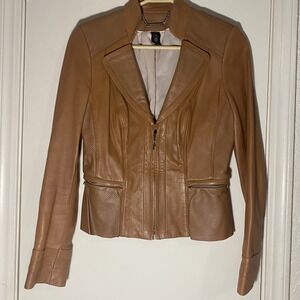 White House Black Market Leather‎ Jacket XS Tan Brown Perforated Moto Biker